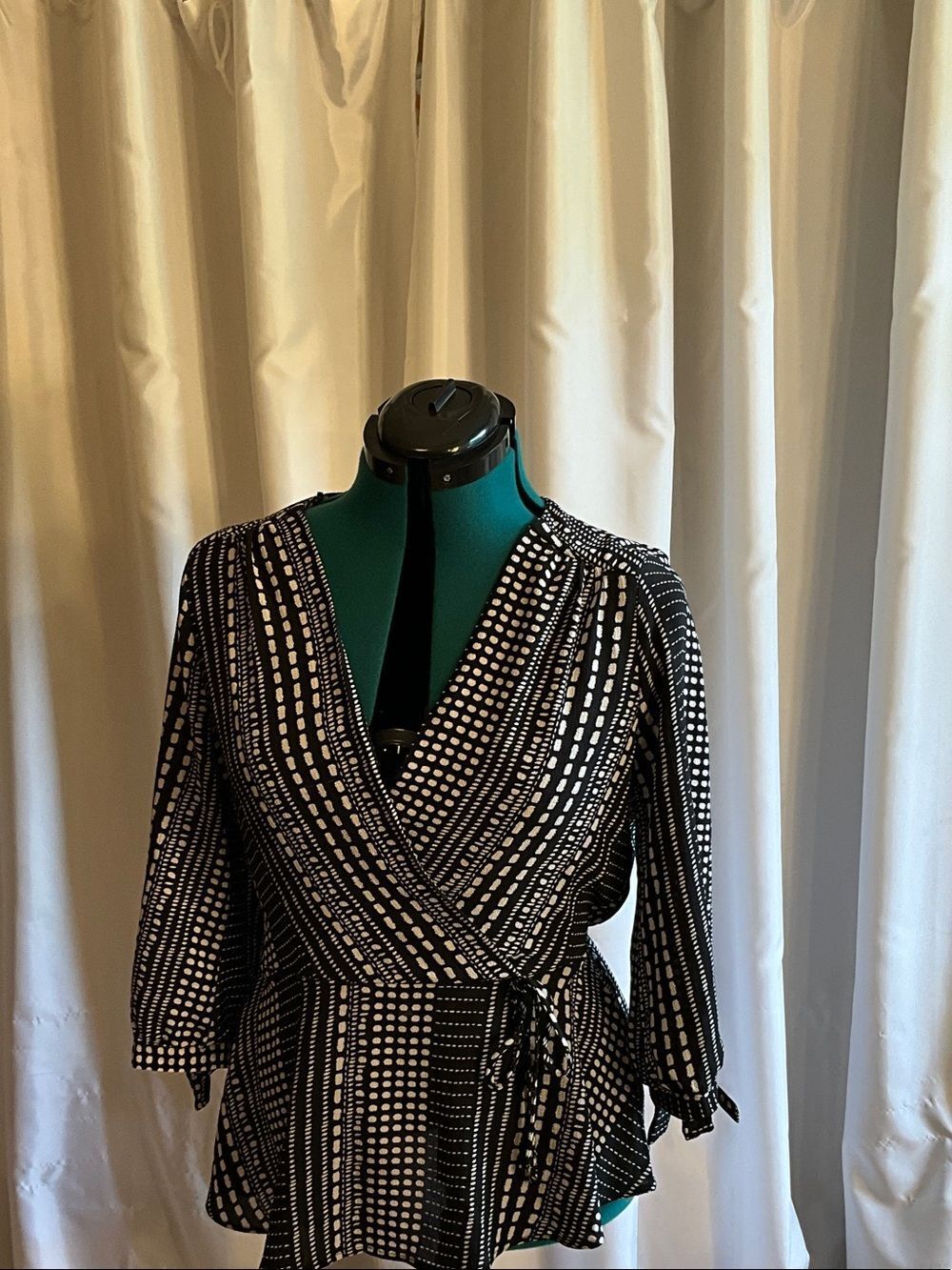 Black and White Patterned Wrap Blouse with Tie Waist